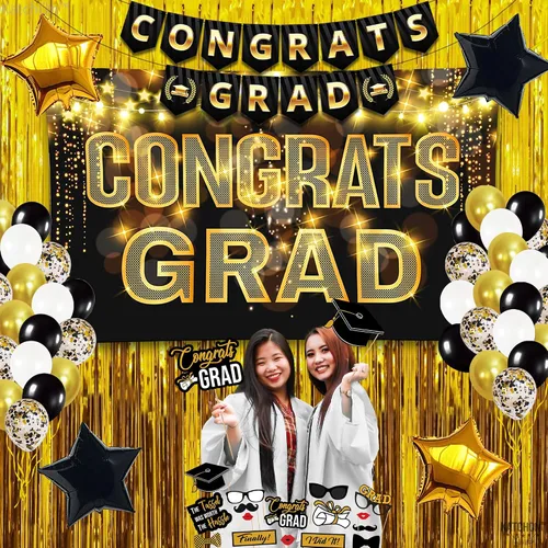 Miniatura 4 de Gran juego de globos de graduación dorados 2022 – Suministros para fiesta de graduación 2022 Decoraciones de graduación en negro y dorado 2022
