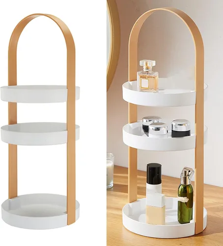 Miniatura 6 de Tocadiscos transparentes de 3 niveles, estante de almacenamiento redondo con mango integral, organizador de cosméticos de maquillaje, soporte