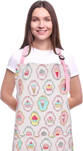Miniatura 10 de Delantales para mujer con 2 bolsillos, delantal de cocina ajustable de algodón con flores para cocinar y hornear, delantal de chef, delantal