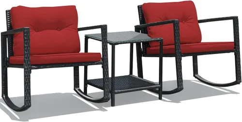 Miniatura 11 de RELAX4LIFE Juego de sillas mecedoras para exteriores, juego de 3 piezas de mimbre de polietileno con mesa de cojines y estante de almacenamiento