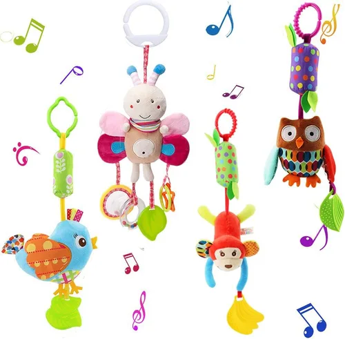 Sealive Juguetes Musicales Sensoriales para Cochecito de Bebé de 4 Piezas, Sonajeros Suaves Colgantes de Felpa para Actividades, Juguetes para Cuna