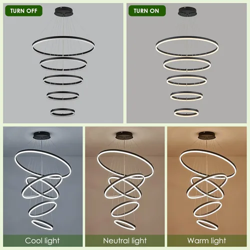 Miniatura 2 de Benkut 5 Anillos D31.5 Lámpara de Araña LED Moderna Negra Grande Regulable Circular para Techo Alto con Control Remoto para Vestíbulo, Comedor, Sala
