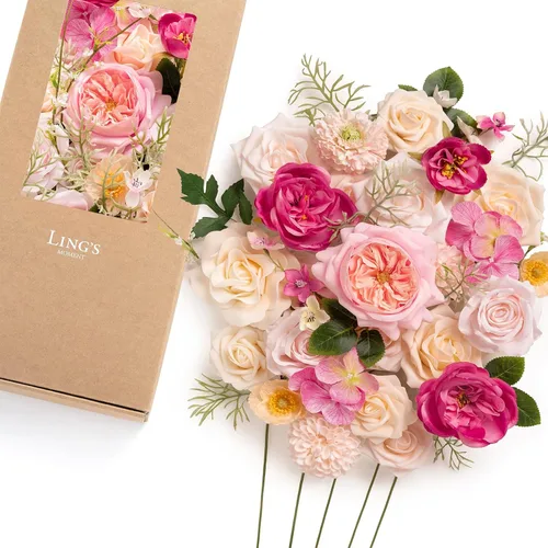 Miniatura 18 de Ling's moment Caja de Flores Falsas, Tallos de Vegetación Artificial Falsa, Rosas de Espuma, Gardenias, Hortensias de Seda, Ranúnculos, Flor de Tela