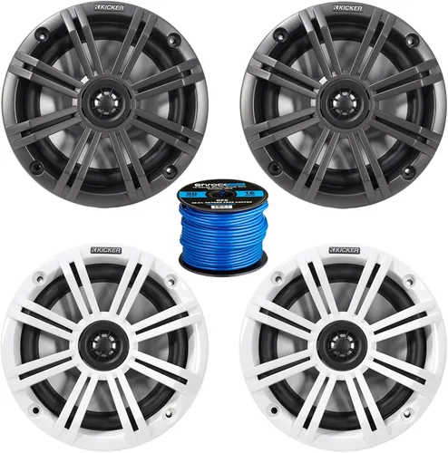 Kicker KM - 2 pares (4) de altavoces coaxiales marinos coaxiales de 6.5 pulgadas de potencia máxima de 195 vatios con rejillas de carbón y blanco,