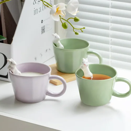 Miniatura 6 de BigNoseDeer Lindas tazas de conejo de Pascua con conejo 3D en el interior, taza de café de cerámica Kawaii de conejo con cuchara, regalos lindos