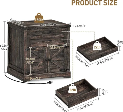 Miniatura 2 de RALGEND Mesa auxiliar de granja con estación de carga, mesa auxiliar de sofá de 24 pulgadas con 2 cajones y puerta de granero, mesita de noche