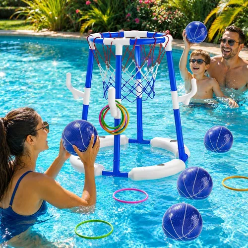 Miniatura 2 de Aro y anillo de baloncesto de piscina 2 en 1 y juegos con 4 pelotas, 12 anillos y bomba, juguetes y juegos de piscina al aire libre de agua