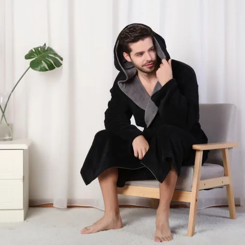 Miniatura 6 de KEMUSI Bata suave tipo herringbone con capucha para hombre, bata de spa de longitud completa, cómoda y cálida de noche