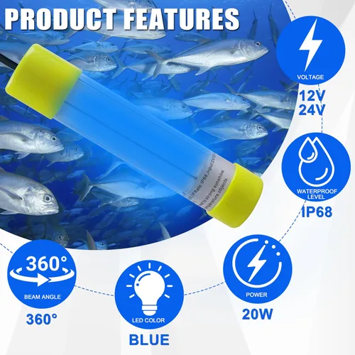 Miniatura 4 de Luz de pesca subacuática súper brillante de 16000 lúmenes, 20 W, 12 V, LED, sumergible, buscador de cebo de pesca nocturna, luz de caída profunda