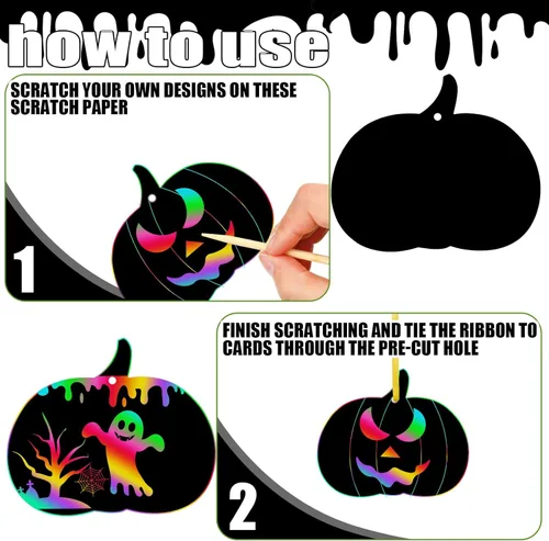 Miniatura 3 de Jenaai Juego de 150 manualidades de papel de Halloween para rascar, 50 tarjetas de rascar de calabaza, 50 palos de madera, 150 cintas para arte
