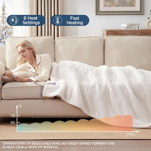 Miniatura 4 de Westinghouse Manta Eléctrica Tamaño Throw, Manta Térmica Sherpa de Felpa Suave con 6 Niveles de Calefacción y Apagado Automático de 2-10 Horas