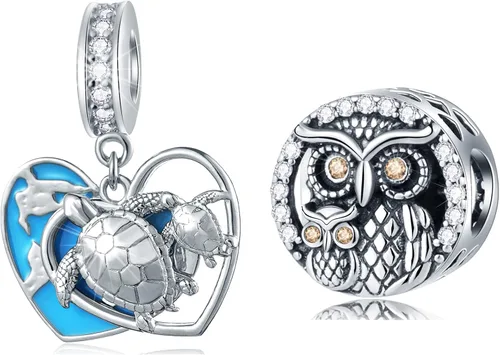Juego de dijes de animales para pulseras Pandora, dijes de búhos sabios y tortugas madre/hijo, juego de joyas en plata de ley 925, regalos para
