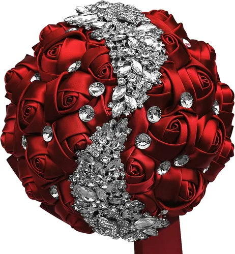 Miniatura 13 de XINNI Ramo de boda verde esmeralda para novia, dama de honor, satén rosa, ramo de boda con diamantes de imitación en forma de lluvia de meteoritos