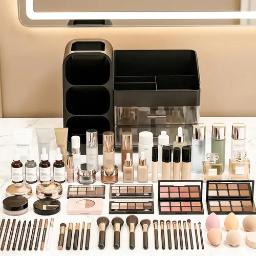 Miniatura 3 de Organizador de maquillaje de gran capacidad con soporte para brochas de maquillaje para tocador, material grueso, organizador de encimera de baño