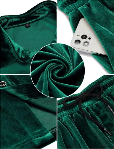 Miniatura 25 de LecGee Conjunto de pantalones cortos casuales de verano para hombre, camisa de terciopelo de manga corta con botones, pantalones cortos de cintura