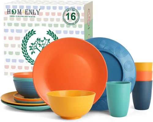 Miniatura 17 de Homienly Juegos de Vajilla Premium de Paja de Trigo, Platos y Tazones Ligeros e Irrompibles, Tazas, Servicio para 4, Apto para Lavavajillas
