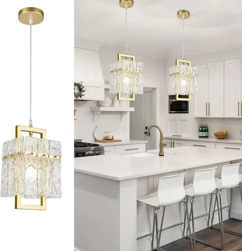 IKK Lámpara colgante de cristal dorado para isla de cocina, lámpara de araña de vidrio ondulado de lujo, moderna y elegante iluminación colgante