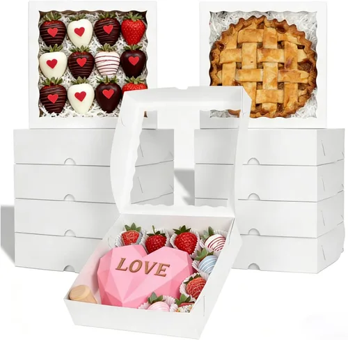 Miniatura 9 de TEMLQPACK 6 piezas cajas de panadería marrones de 10 x 10 x 2.5 pulgadas con ventana, tartas, galletas, fresas cubiertas de chocolate, corazón