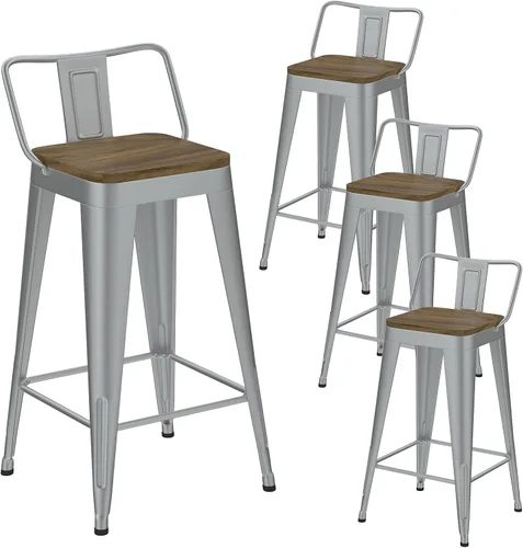 Miniatura 18 de Juego de 4 taburetes de bar de metal, taburetes de bar con respaldo alto con asiento de madera, taburetes de bar negros de 24 pulgadas para isla