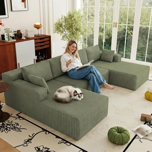 Miniatura 49 de Sofá modular Cloud de 95 pulgadas con otomana, moderno sofá nube en forma de U con asiento profundo, cómodo sofá de pana de 3 plazas, sofá de espuma