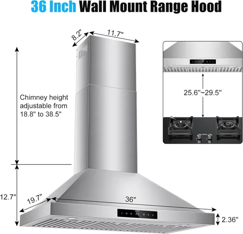Miniatura 2 de Campana extractora de pared de 36 pulgadas, 1200 CFM con control de gestos y táctil de 4 velocidades, campanas de ventilación de cocina con Montaje