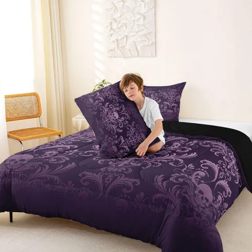 Miniatura 5 de Juego de ropa de cama de damasco violeta salmón para adultos, juego de edredón barroco victoriano antiguo, tamaño Queen, edredón floral gótico Multi