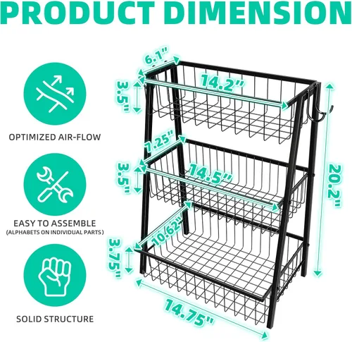 Miniatura 7 de Simple Trending canasta de frutas de 3 niveles trapezoidal con 4 ganchos para plátanos, organizador de cocina extra grande de alambre de metal