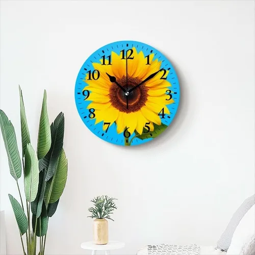 Miniatura 6 de Reloj de pared, funciona con pilas, redondo, silencioso, sin tictac, girasol contra fondo azul, reloj decorativo para cocina, baño, sala de estar