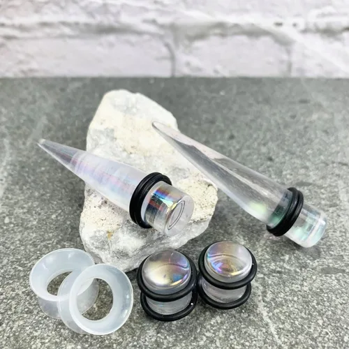 Miniatura 2 de BodyJ4You - Juego de 50 medidores de calibre para estiramientos de oreja y aceite de jojoba para cuidados posteriores, 14 G-12 mm, juego de tapones