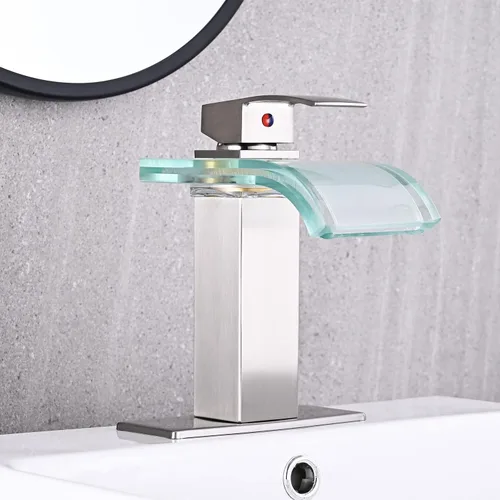 Miniatura 5 de AVSIILE Grifo de lavabo de baño LED, cascada de níquel cepillado, mango de un solo agujero, 1 agujero con drenaje desplegable de metal y 2 líneas