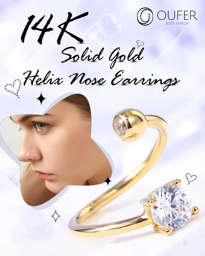 Miniatura 3 de OUFER Aretes de hélice torcida de 16G, anillo de labios de circonita cúbica transparente en forma de corazón de oro sólido de 14 quilates, joyería