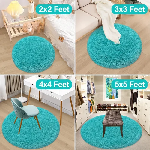 Miniatura 5 de Alfombra circular pequeña para dormitorio, 2 x 2 pies, color azul, para decoración de habitación de niños, redonda esponjosa para guardería