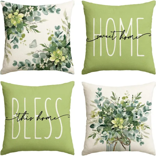 AVOIN Colorlife Home Sweet Home - Juego de 4 fundas de almohada de hojas de eucalipto verdes, 16 x 16 pulgadas, decoraciones de temporada de