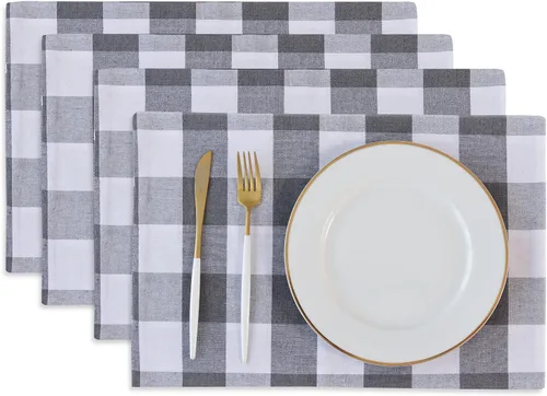 Miniatura 23 de Juego de 4 manteles individuales de algodón de 2 lados a cuadros amarillos y blancos, resistentes al calor, para mesa de cocina, 12 x 18 pulgadas