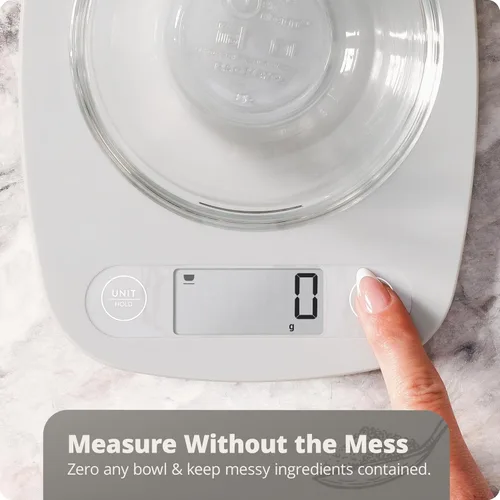 Miniatura 4 de Greater Goods Báscula de alimentos – Báscula digital de cocina, precisión de 1g (0.035 oz), tara fácil y conversión rápida, diseño compacto delgado