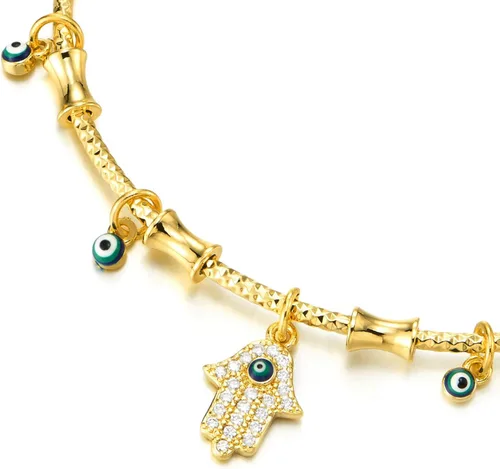 Miniatura 2 de COOLSTEELANDBEYOND Pulsera de color dorado para mujer, diseño de mano de Fátima, con dije de mal de ojo, elástico ajustable, Resina sintética