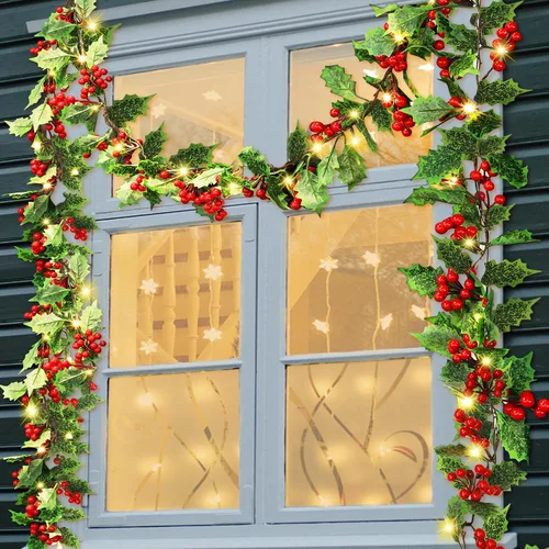 Miniatura 3 de ATDAWN - Guirnalda de Navidad de bayas rojas iluminada de 9 pies, guirnalda de Navidad operada por batería con luces, guirnalda artificial flexible