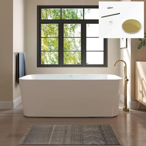 FerdY Maui - Bañera independiente de acrílico de 67 pulgadas, diseño elegante contemporáneo, bañera de remojo con drenaje dorado pulido y Drenaje de