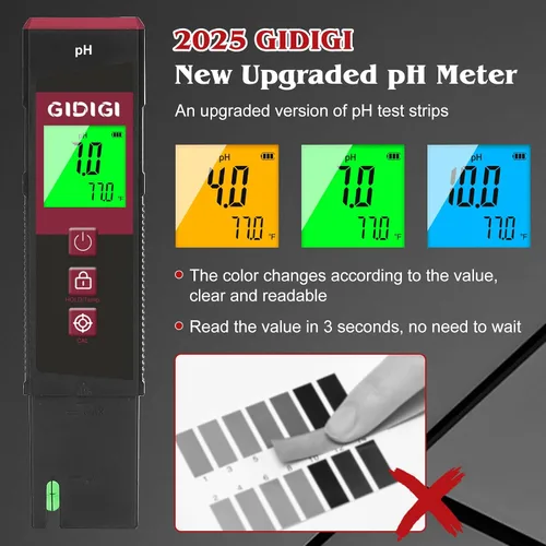 Miniatura 3 de Medidor de pH Digital de Alta Precisión Certificado UL con Kits de Prueba de pH, Pantalla LCD Retroiluminada de Color con Tira de Prueba de pH