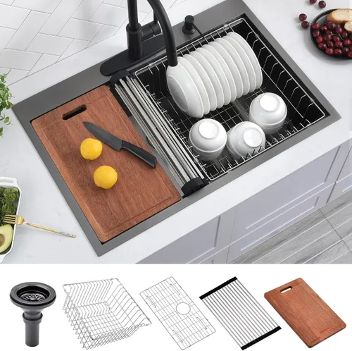 Scamall - Fregadero de cocina con estación de trabajo, 33 x 22 x 10 pulgadas, fregadero de cocina negro 304 de acero inoxidable 304 con montaje