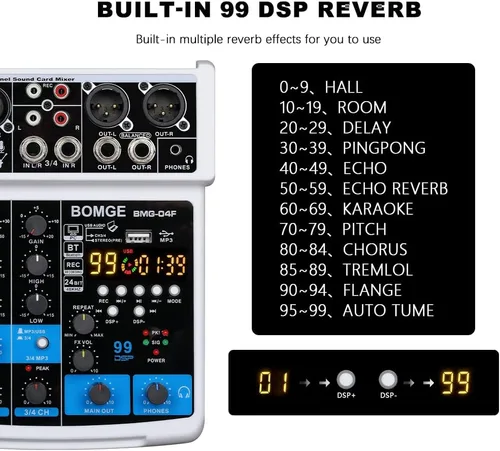 Miniatura 4 de BOMGE Consola Mezcladora de Audio Profesional de 4 Canales, Consola de Mezcla de Sonido con USB, Bluetooth, Grabación Estéreo, Alimentación Fantasma