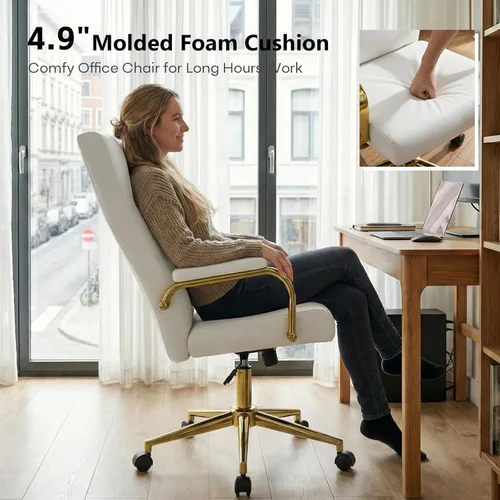 Miniatura 4 de GXJ Silla de oficina blanca y dorada de espuma viscoelástica, sillas de escritorio de cuero blanco con ruedas y brazos, silla de oficina ejecutiva