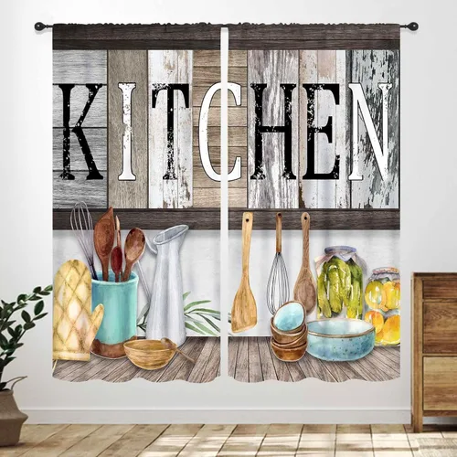 Miniatura 15 de Cortinas Rústicas de Cocina, Tenedor Cuchara Retro Tablón de Madera Granja País Tema de Cocina Citas Divertidas Tratamiento de Ventana