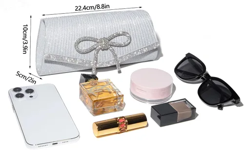 Miniatura 6 de Bolso de mano brillante con lazo para mujer, bolso de noche brillante con diamantes de imitación para baile de graduación, bolso de mano de boda