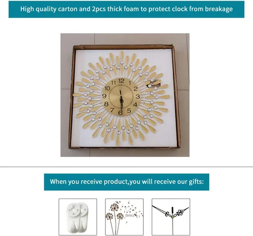 Miniatura 6 de Reloj de pared grande de metal, decorativo, 3D, sin tictac, silencioso, de cuarzo, con números arábigos, para sala de estar, hogar, cocina, Oro ~