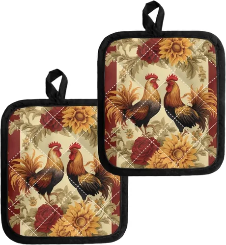 Miniatura 28 de Juego de soportes para macetas de flores rojas de pollo blanco y negro, resistentes al calor, almohadillas calientes para horno, antideslizantes