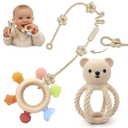 Juego de 3 piezas de juguetes de silicona para bebés, juguetes de silicona de grado alimenticio, mordedor, anillo de madera, lindo juguete de oso y