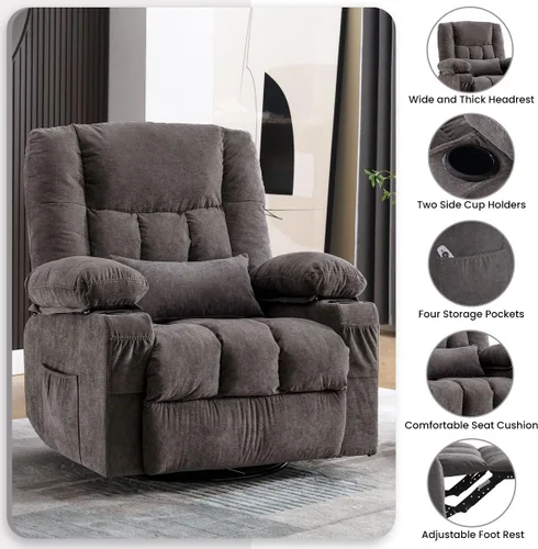Miniatura 5 de BOSMILLER Silla reclinable de gran tamaño para adultos con masaje por vibración y calefacción lumbar, mecedora giratoria con soporte para tazas