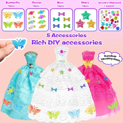 Miniatura 3 de Juego de 139 piezas de muñeca y armario de moda de 11.5 pulgadas: vestido de novia, trajes, zapatos, bolsos, collar, accesorios de calcomanías