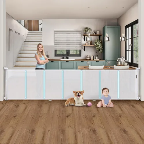 Miniatura 14 de Puertas retráctiles para bebés de 200 pulgadas extra anchas, puerta retráctil para perros de 34 pulgadas de alto para puertas, puerta retráctil Negro